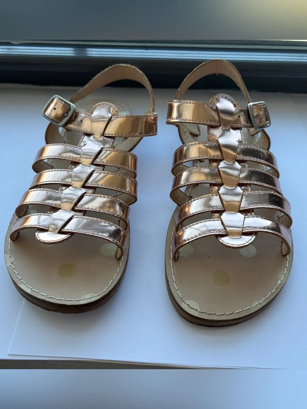 Mini Boden Girls Metallic Shiny Rose Gold Gladiator Sandals with Buckle